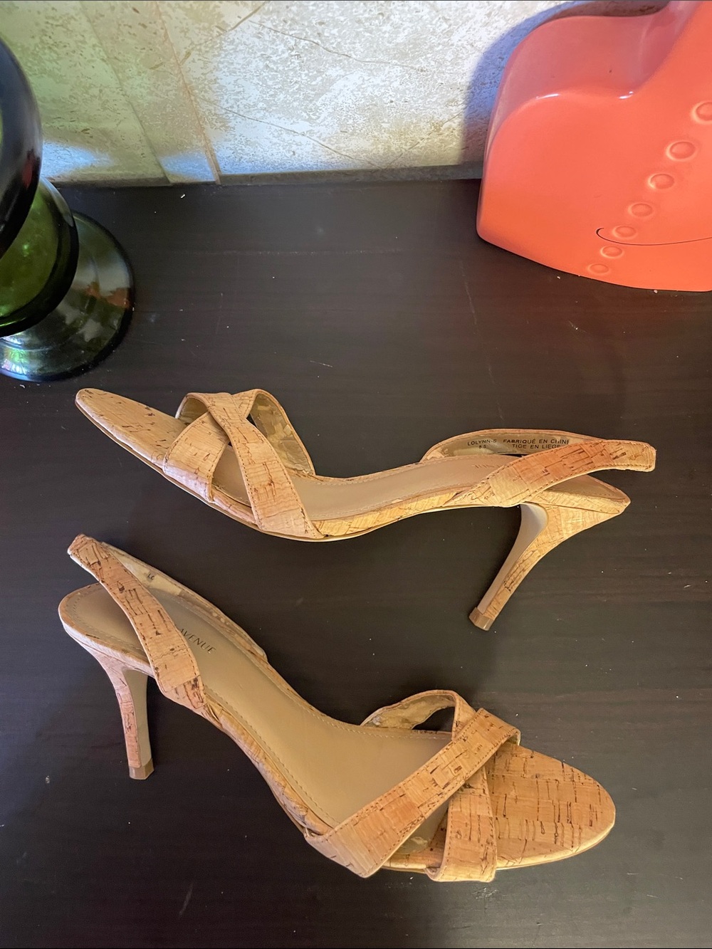 Saks Fifth Avenue Cork-Textured Slingback High Heel Sandals in Tan Size 8.5